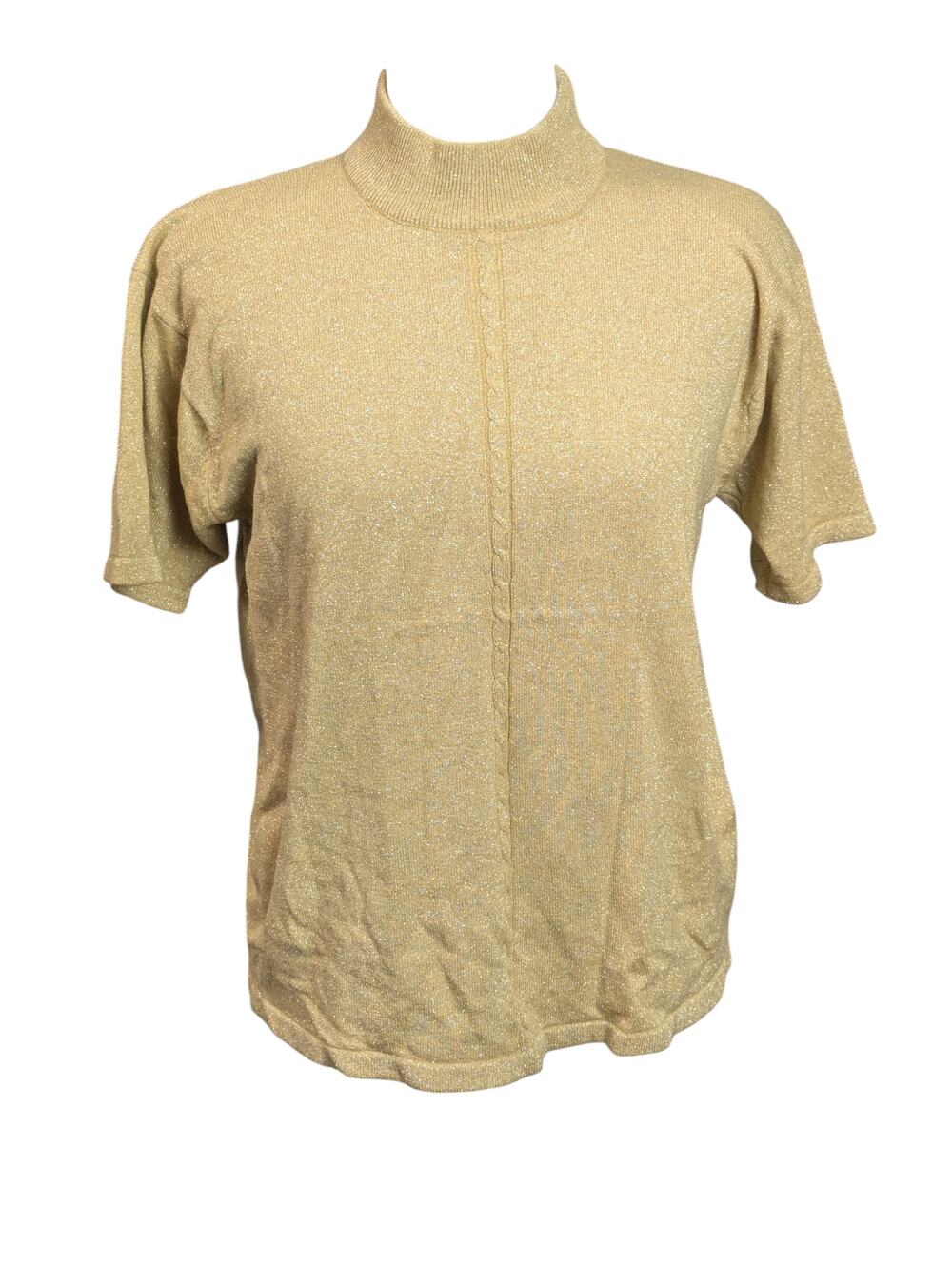 Vintage Women's Gantos Large Gold with Metallic Short Sleeve Sweater Mock Neck